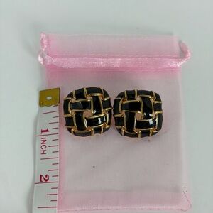 Vintage 80s Gold Tone & Black Enamel Woven Statement Earrings